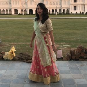 Lehenga with Dupatta in Gold, Coral and Green